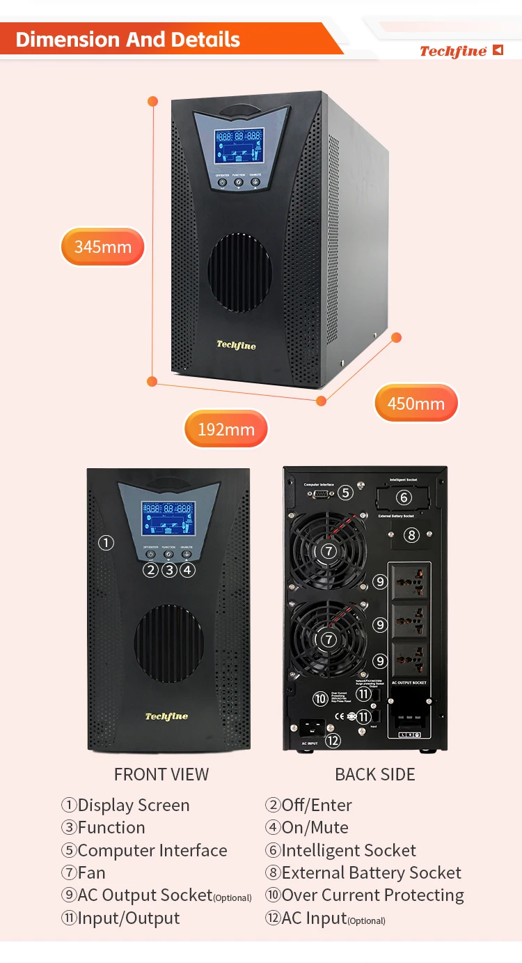 Techfine Uninterruptible Power Supply 3KVA 2400W 72V Online apc UPS with battery inside LCD display