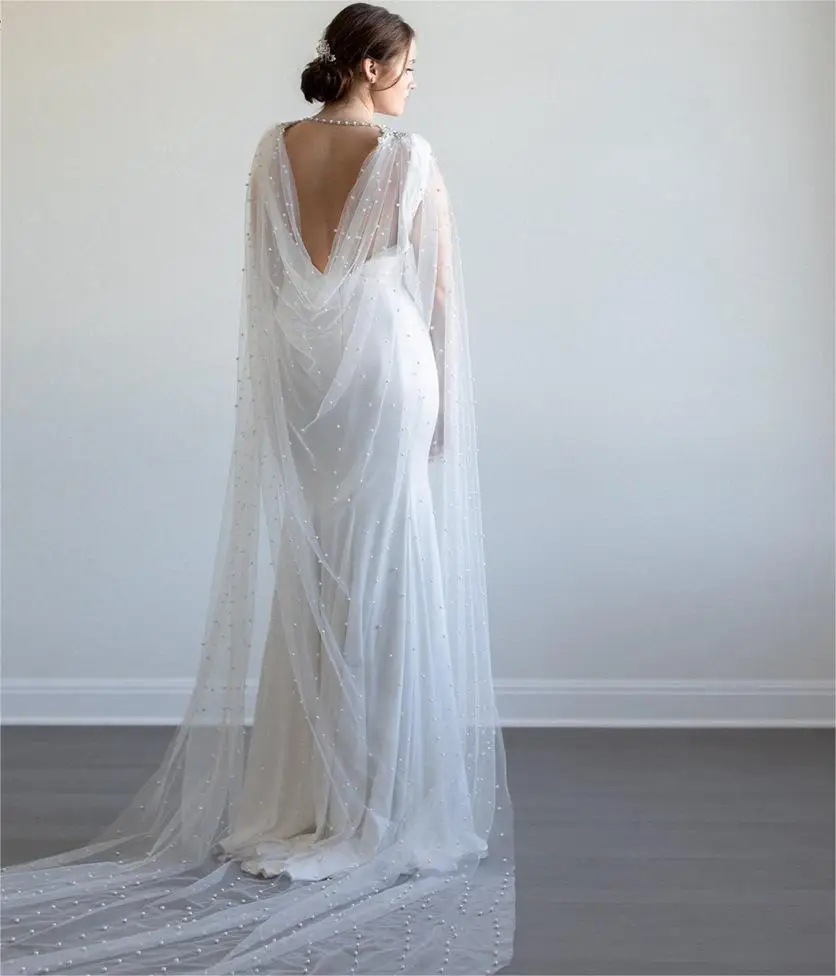 Latest Design Bridal Cape Cathedral Wedding Accessories Veil Long Bolero Rhinestone Pearl Handmade Bridal Shawl