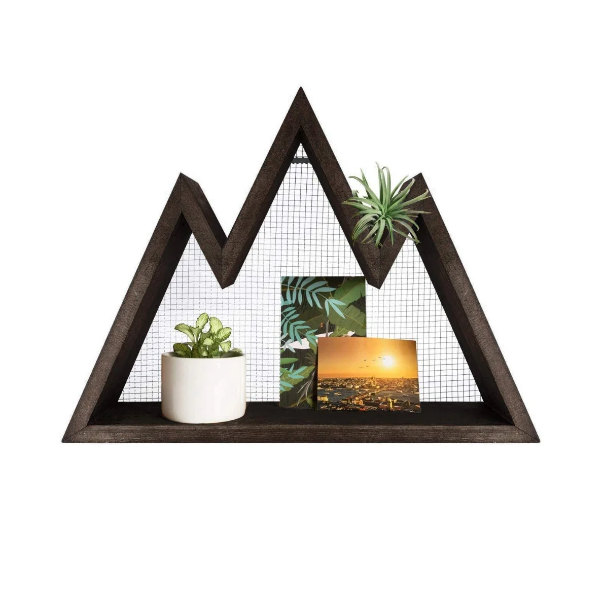 Wholesale triangle wall art geometric decor wooden crystal display shelf mountain shelf