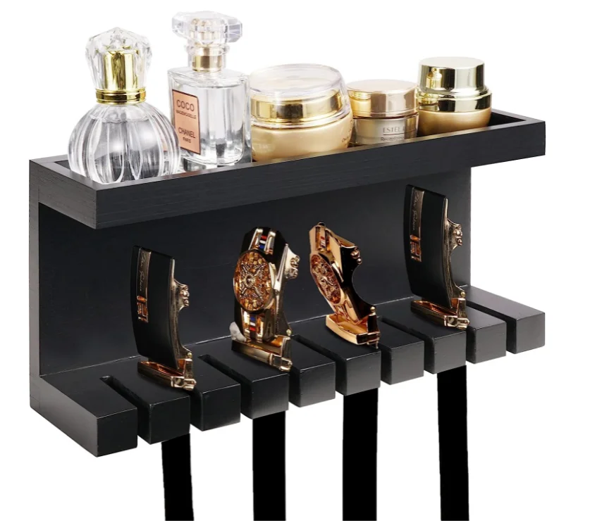 2024 Double Shelving Platform Universal Holder Closet Rack Men Women Black Wood Belt Wall Mounts Organizer Wooden Belt Storage Hanger