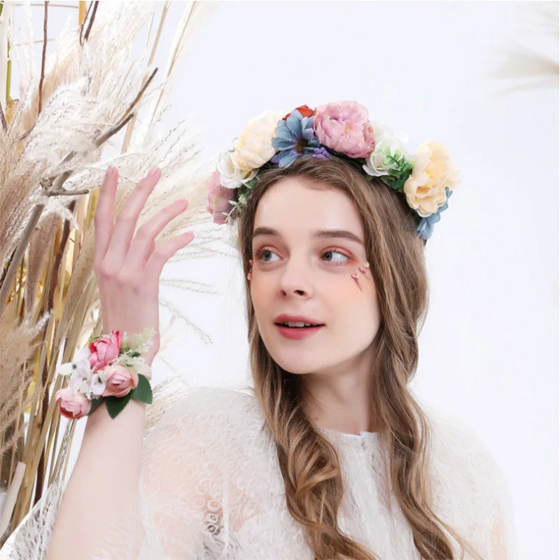 
Spring Flower Girl Hair Wreath Wedding Flower Crown, Floral Halo Bohemian Headbands Wreath Women Bridal 4500A 