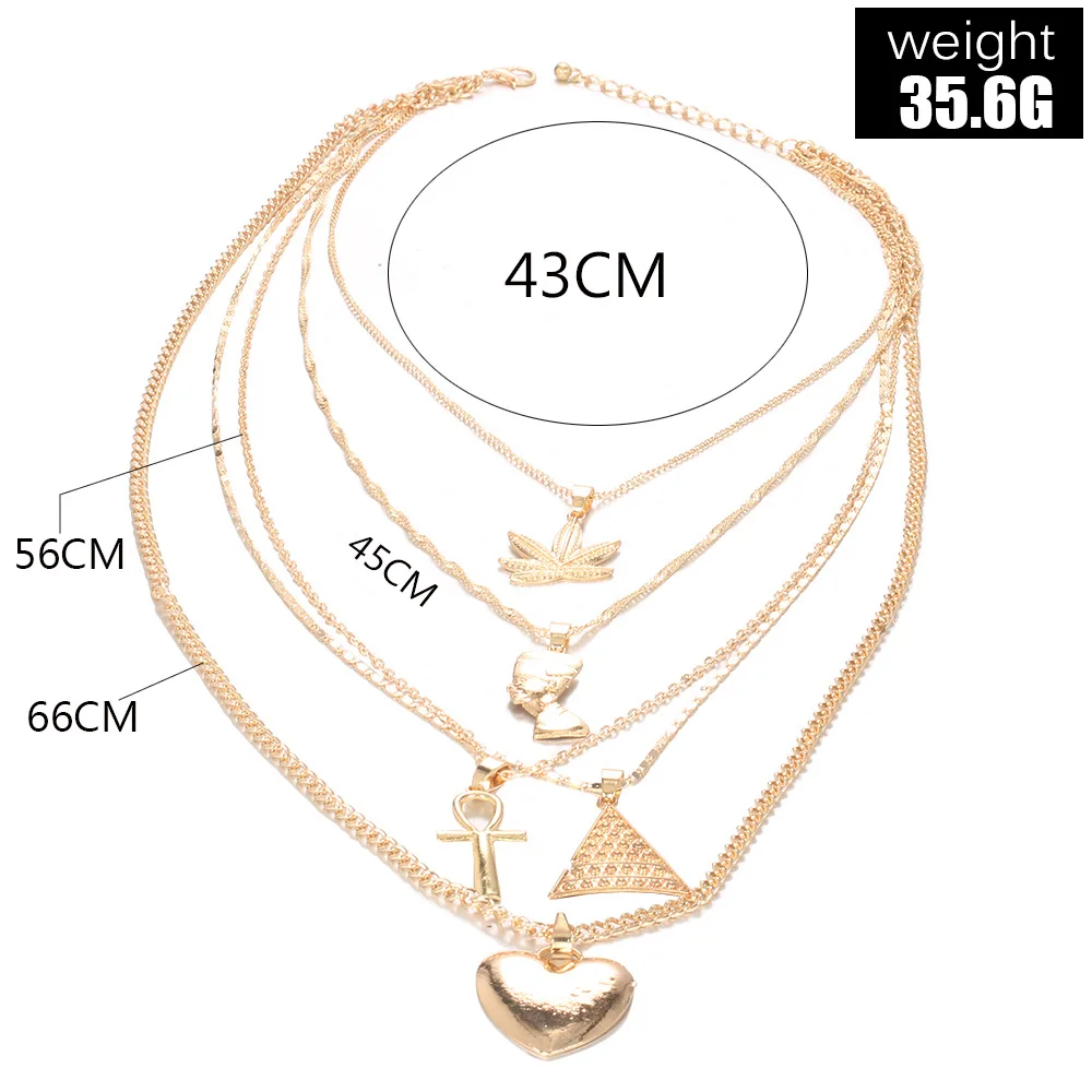 Hot Sale Multi-Layer Stainless Steel Clavicle Chain Necklace Maple Leaf Pyramid Love Pendant with Exaggerated Stacking for Women