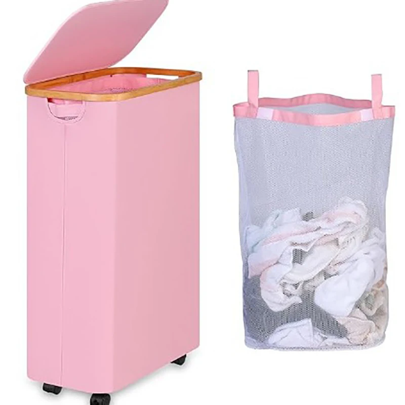 Wholesales Custom Logo Large Capacity Oxford Canvas Bamboo Ring Capacity Basket Collapsible Laundry Baskets With Wheels