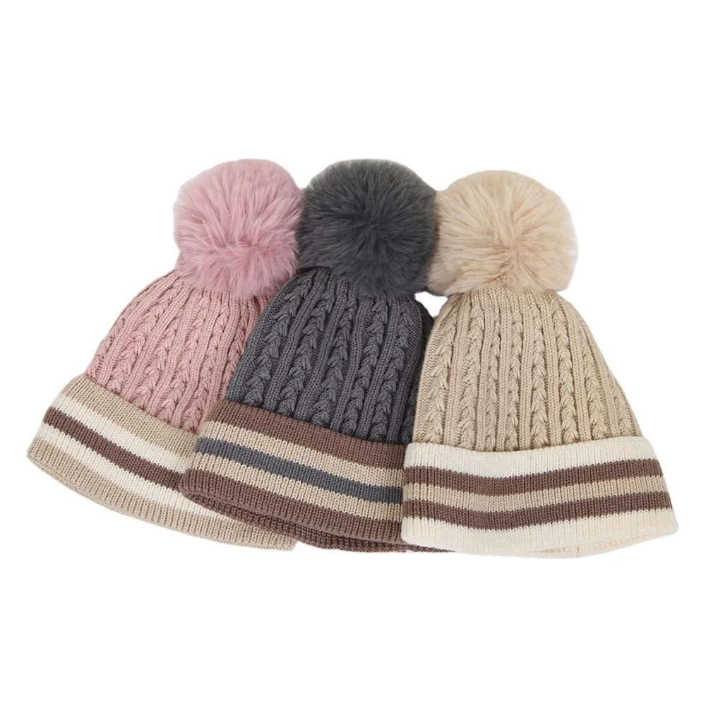 Manufacturer fashion women winter warm earflod lamb wool fleece striped knit beanie hats with plush pom pom