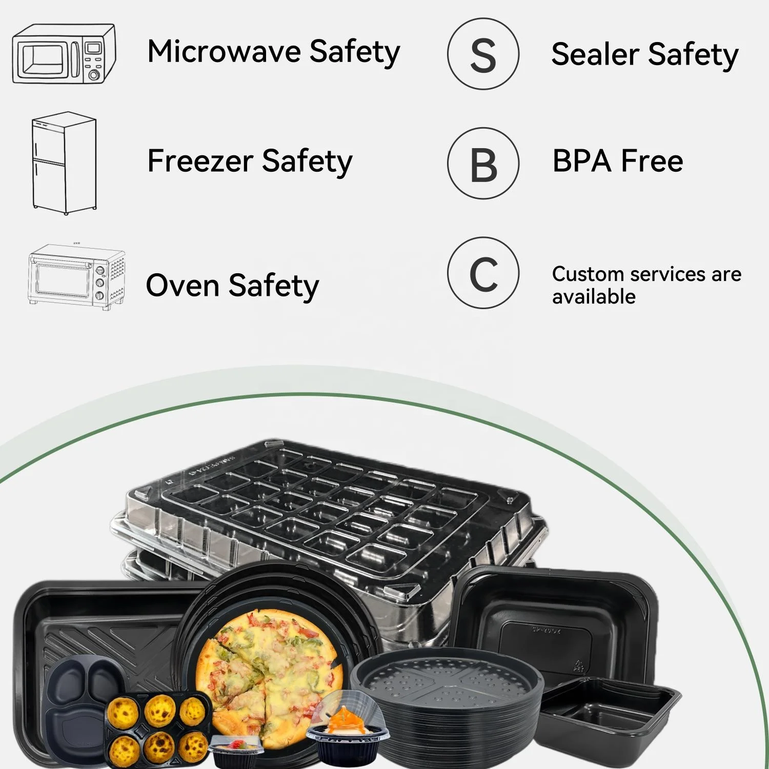 In Stock CPET Disposable Eco Friendly Food Black Plastic Box Packaging Containers Tray With Lid