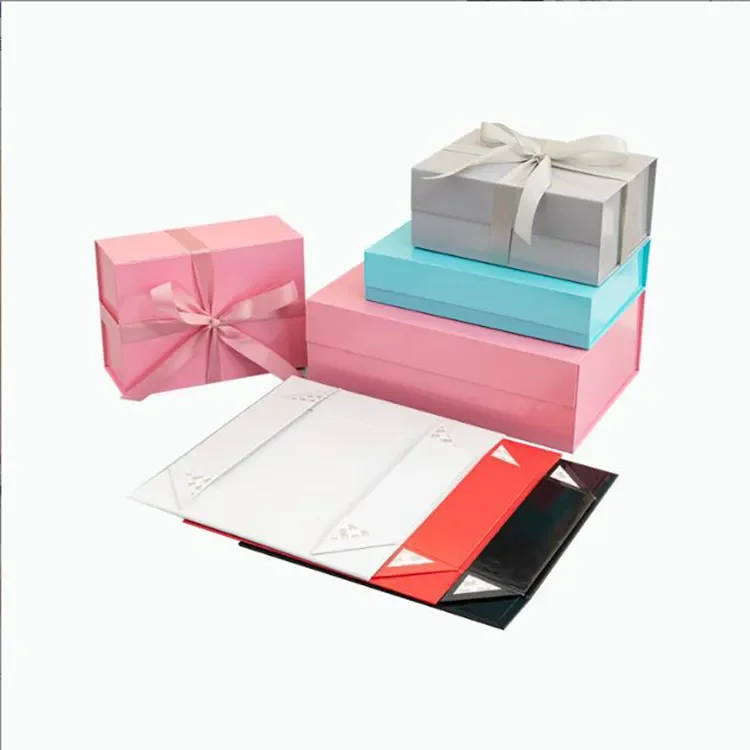 Personalised luxury wholesale christmas pink square magnetic gift present collapsible rigid box with ribbon