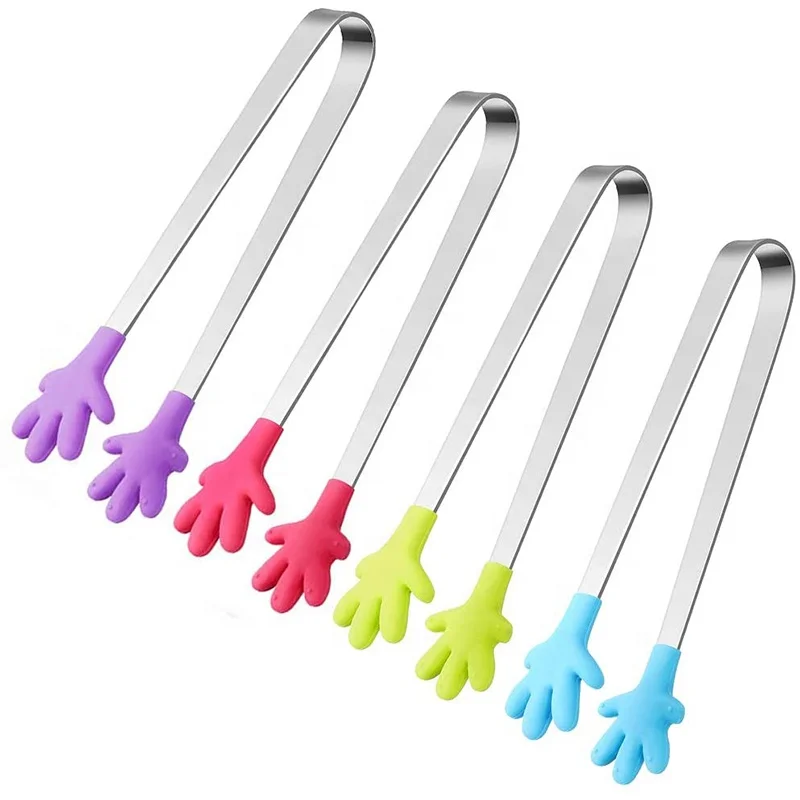 
5 Inch Mini Silicone Hand Shape Food Tongs Colourful Small Kids Tongs for Serving Food 