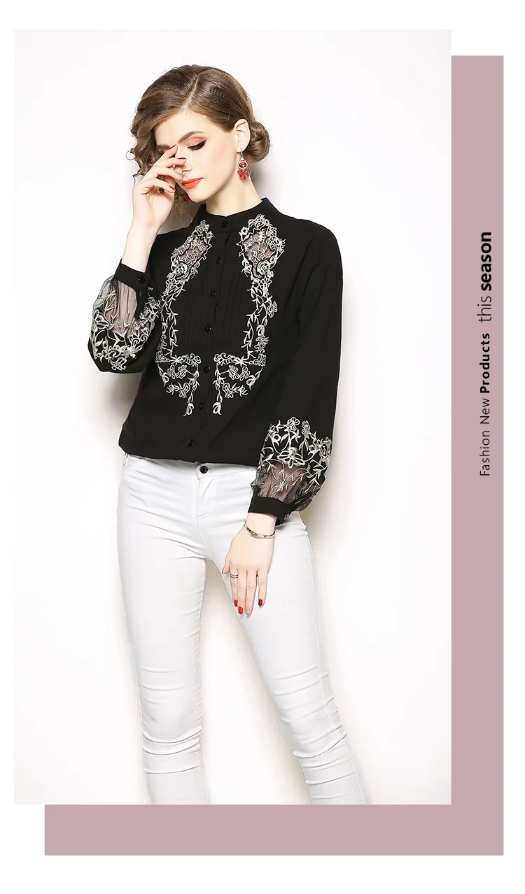 Made In China Latest Design Spring Autumn Slim Long Sleeve Lapel Black Casual Fashion Custom Print Ladies Blouses And Tops