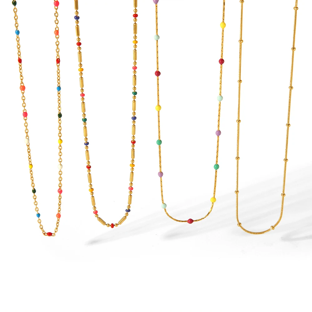Fashion Iridescent Beaded Necklace Dainty 18k Gold Plated Stainless Steel Waterproof Snake Chain Necklace for Women