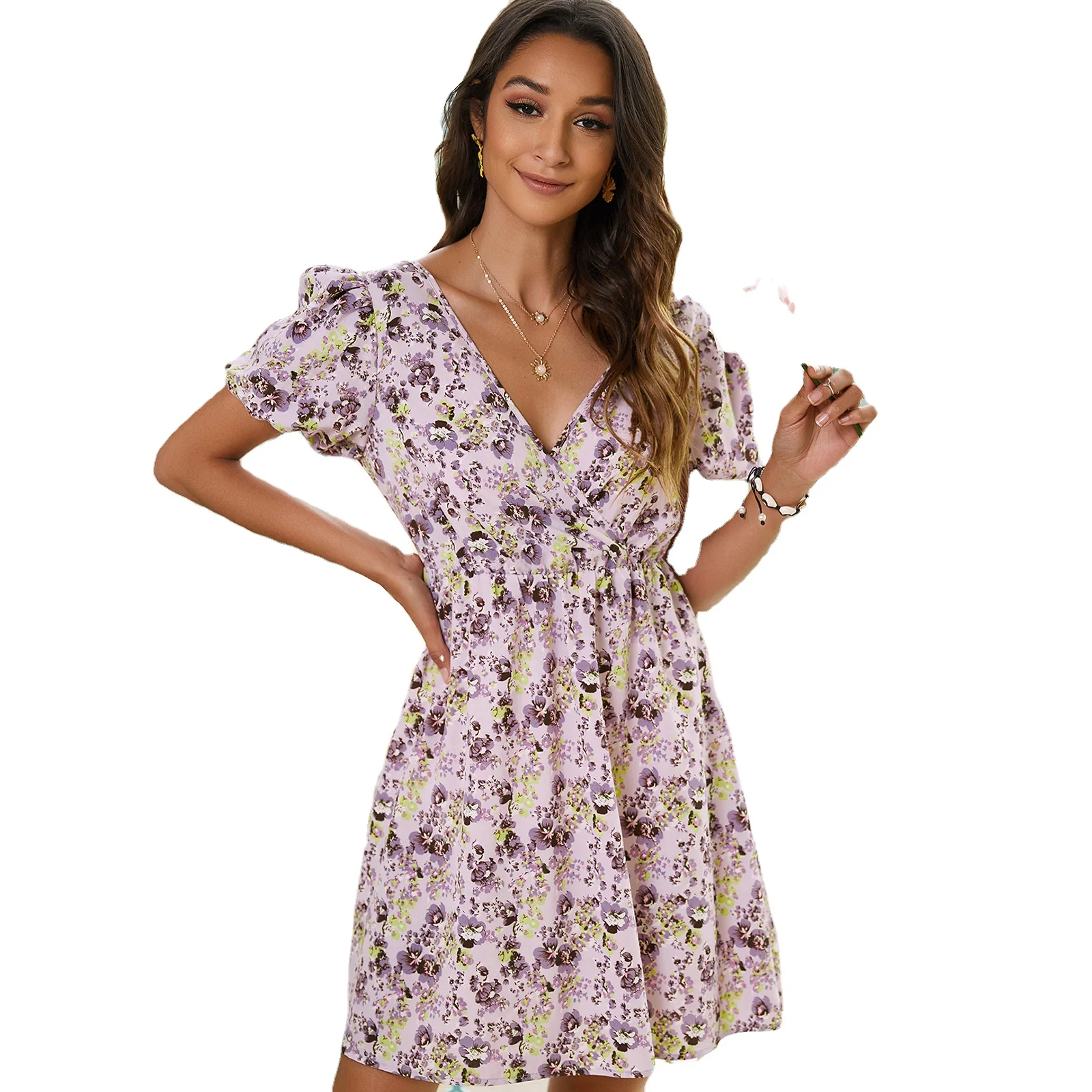 XQM V-neck Printed Skirt Fashion Open Back Sexy Dress Purple Flower Mid Waist A-line Skirt for Women