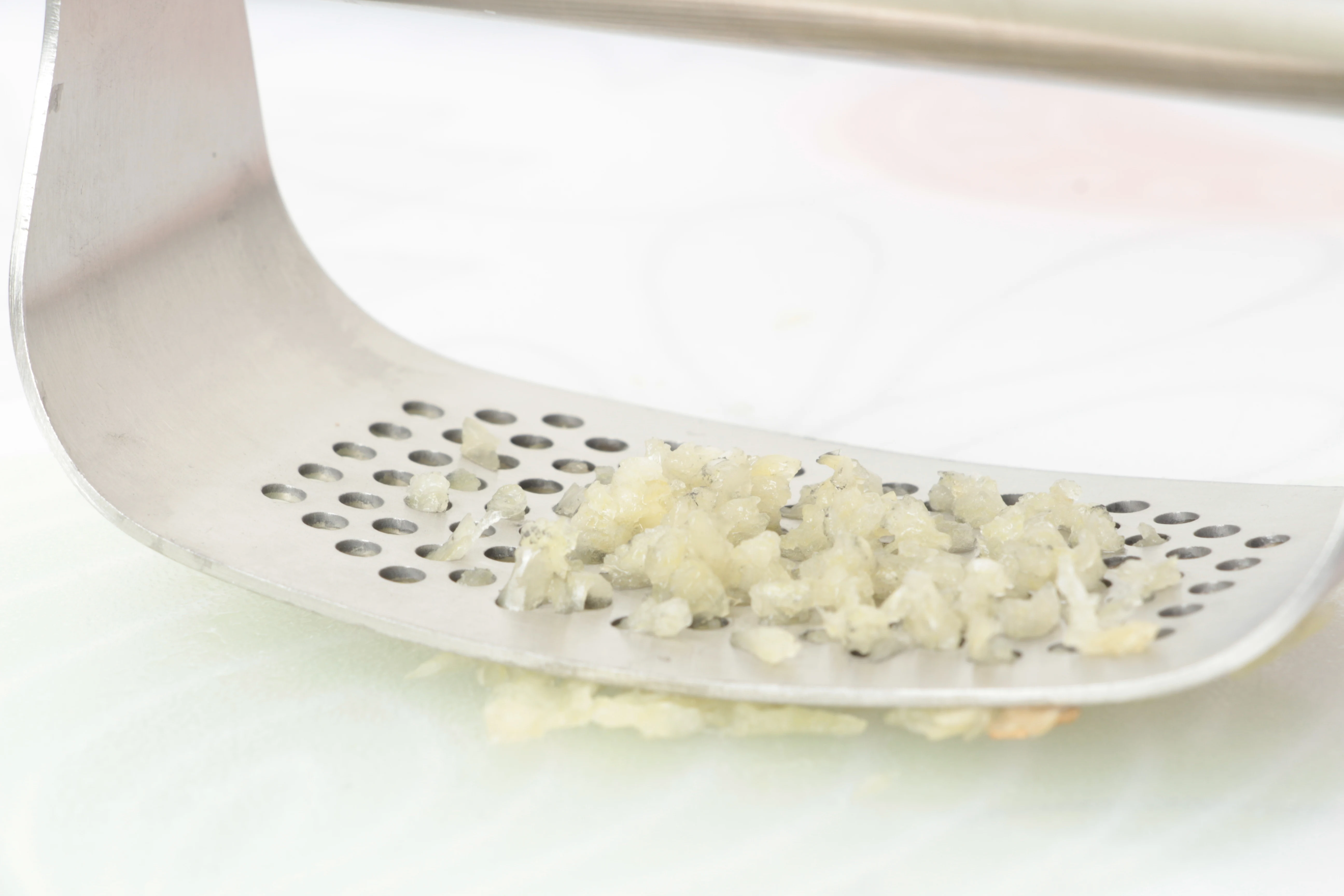 Garlic Press Rocker New Kitchen Stainless Steel Garlic Mincer Crusher, Matching Silicone Roller Peeler and Cleaning Brush