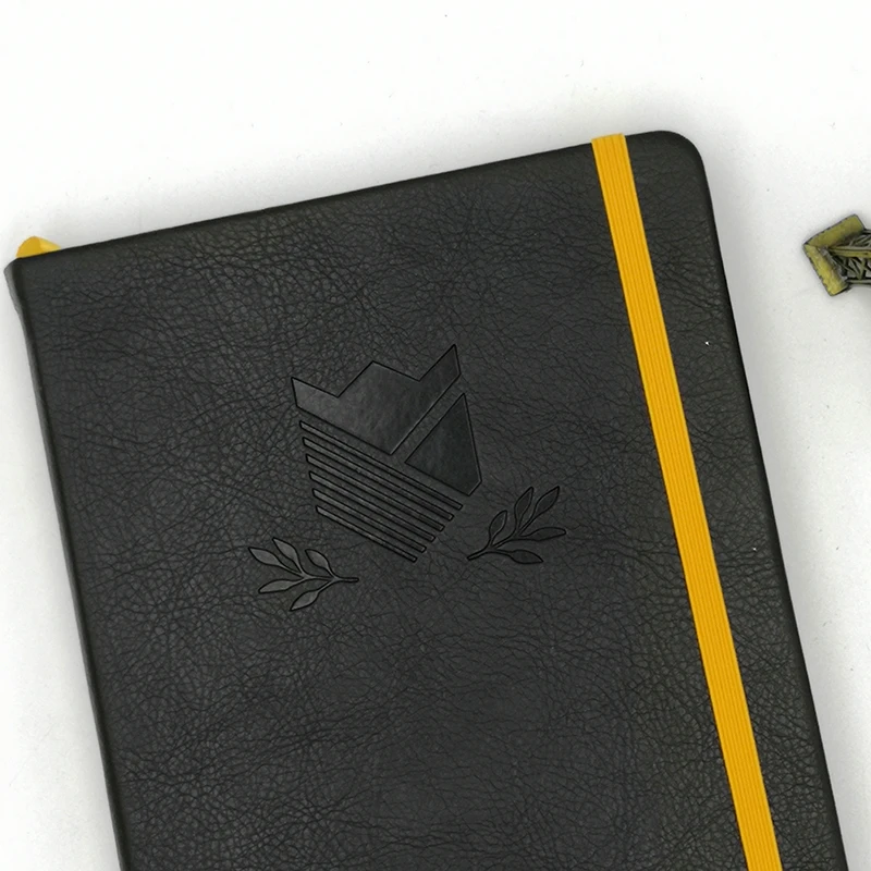 Round Corners Gold Elastic Closure Strap Logo Debossed Hardcover PU Vegan Leather Custom Agenda A5 Notebook Journal Printing