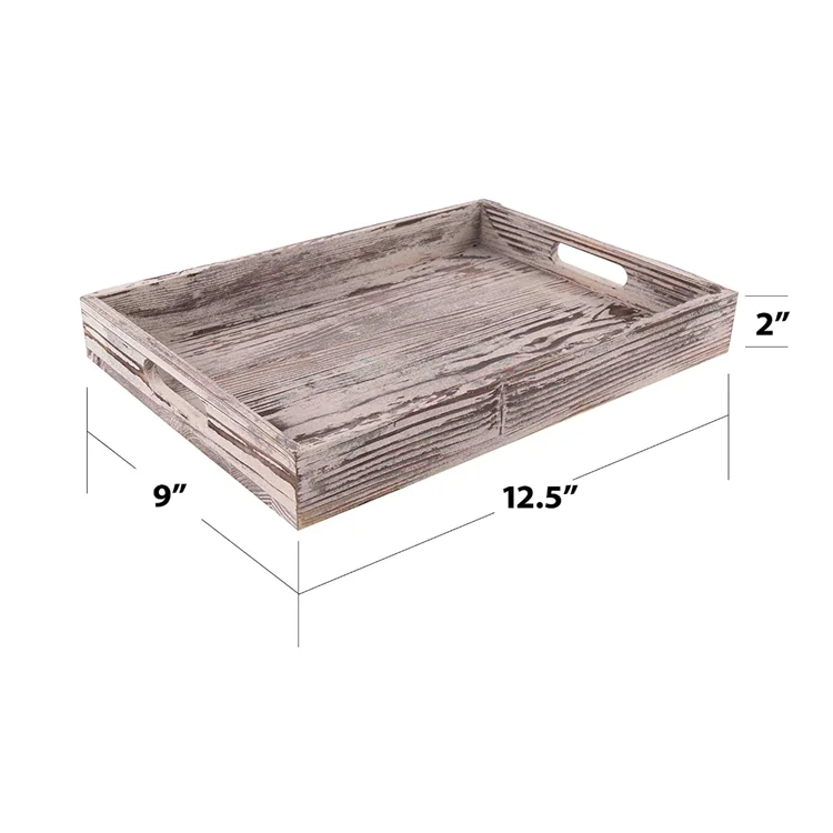 Vintage Farmhouse Decorative Kitchen Natural Wooden  Nesting Serving Tray Rectangle Breakfast Tray with Cut Out Handles