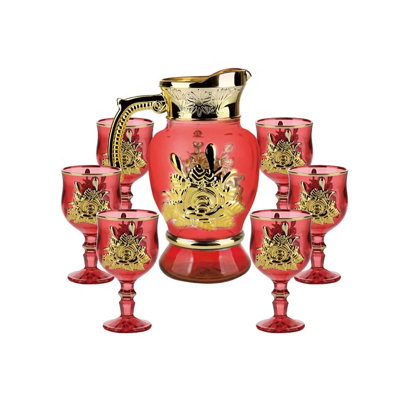 hot selling gift item 7pcs golden glass Jug set with colored pitcher set of 6pcs