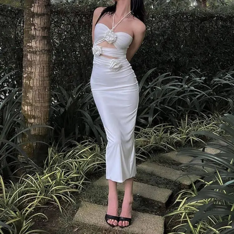 2023 High fashion women summer 3d flower design sexy cutout halter neck hot girl lady long dresses elegant