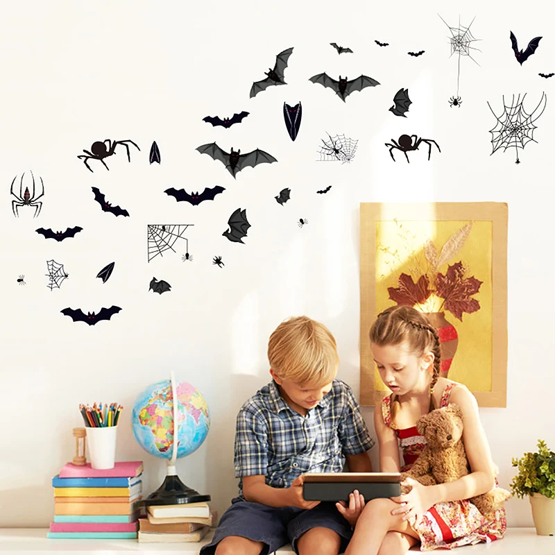 
Vlovelife 112pcs of 1 Set Wall Sticker Bat and Spider Web Shape PVC Removable Stickers Wall Art Decor for Halloween Party 