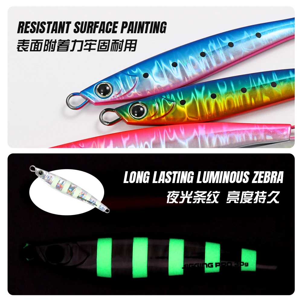 Jiggingpro long casting jig 20g 30g 12T lead fish metal jig Glow zebra 3D eyes  Saltwater  Tuna Bonito Fishing cast  lure