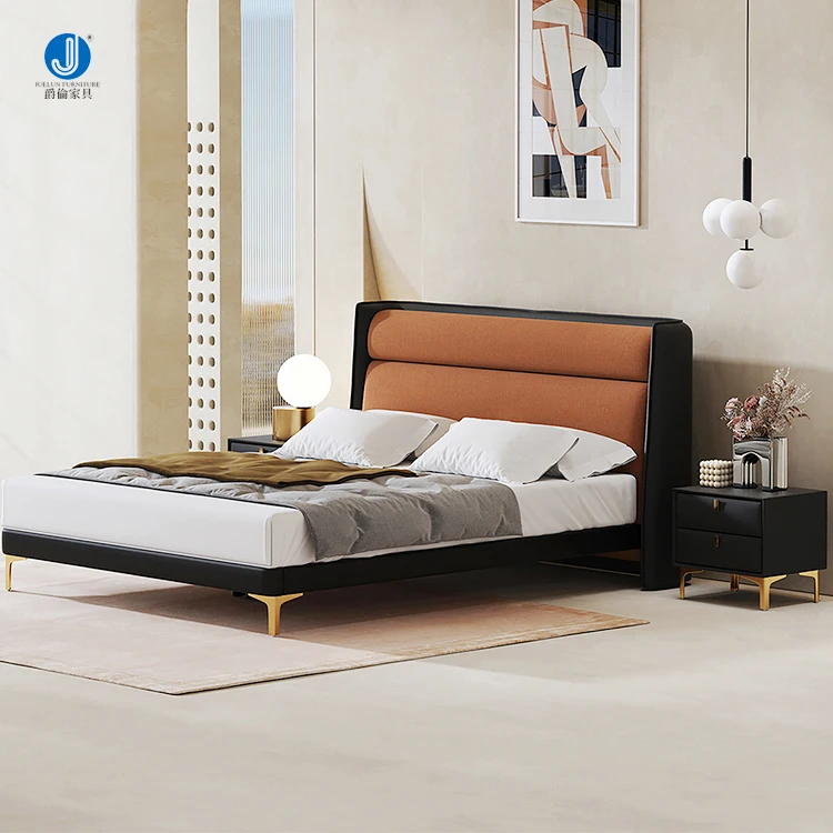 China Style Bedroom Furniture Double Bed Latest Bed Sat King Size Browne Color Flannel Wood Bed