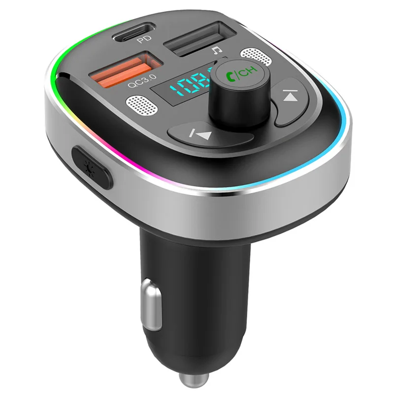 Qc3.0 Pd 30W Fast Charging Usb Car Charger Colorful Light Wireless 5.0 Handsfree Car Kit Fm Transmitter Pd Car Mp3 Player