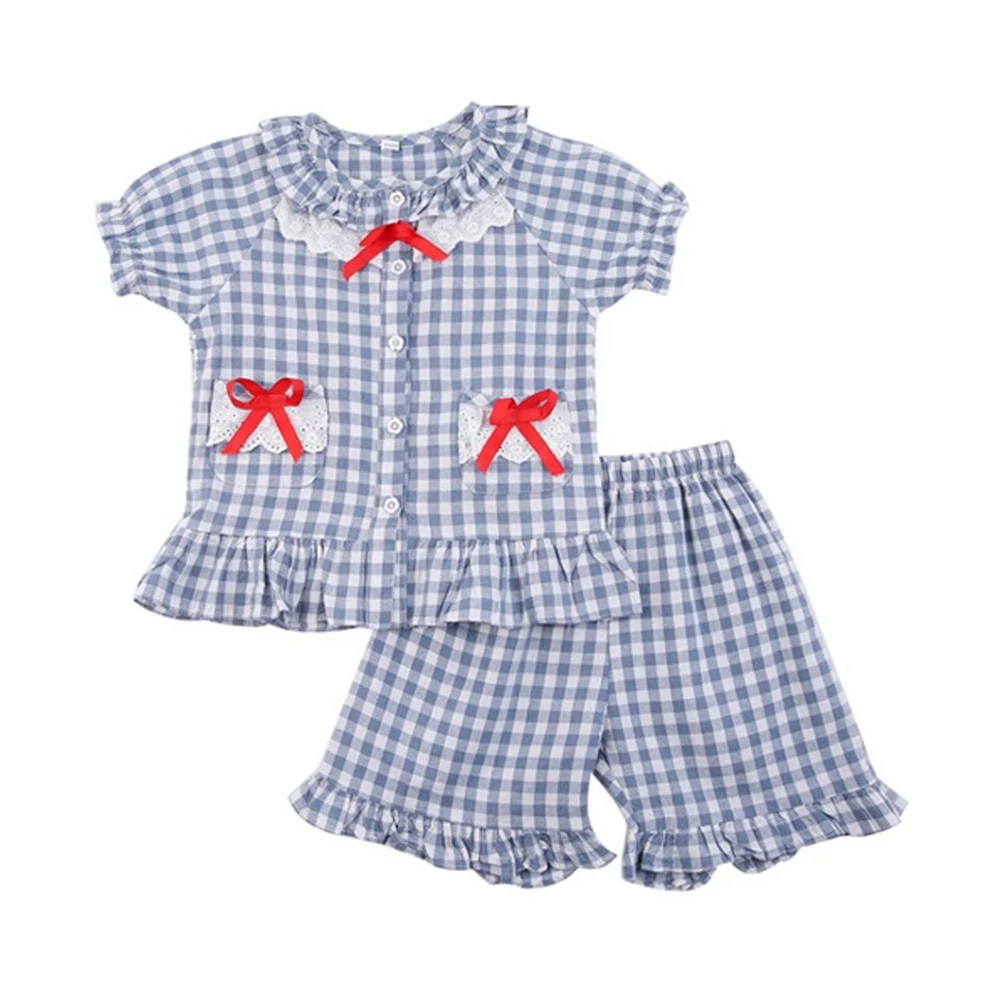 What&why Summer Short-Sleeve Girl Pajamas 100% Cotton Kids Clothing Sets Blue Plaid Printed Children Cute Shorts Factory Price
