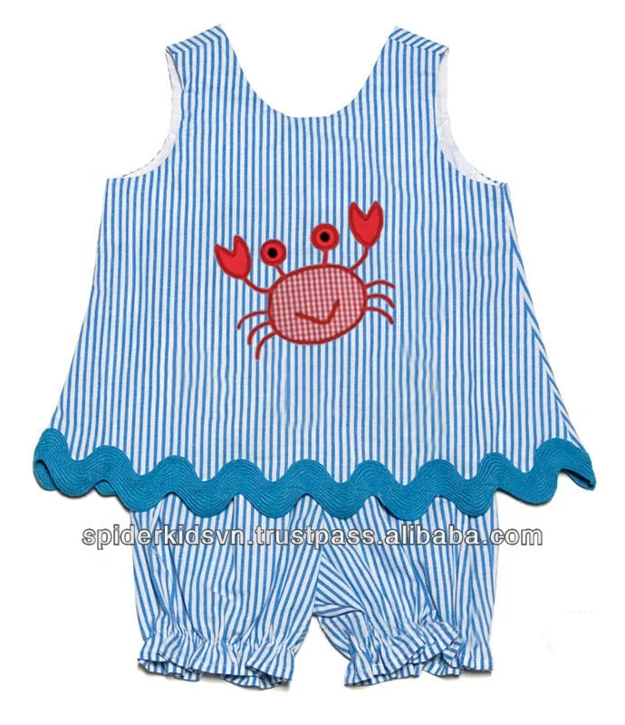 Baby Girl Turquoise Stripe Appliqued Crabs Bloomers Set