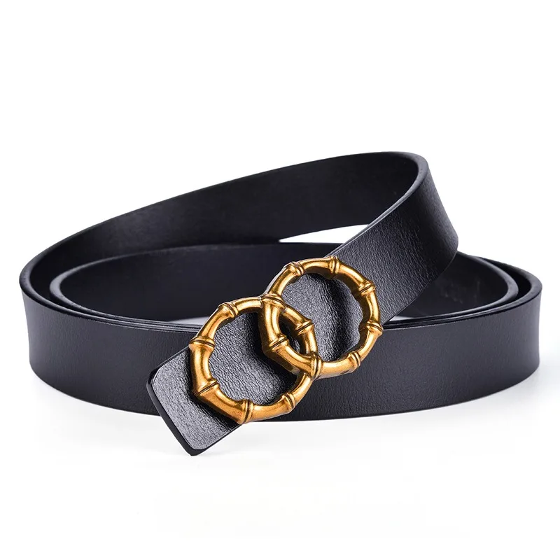 Wholesale Custom Factory Directly Genuine Leather Belts Bamboo Shaped Smooth Gold Buckle Belts For Women