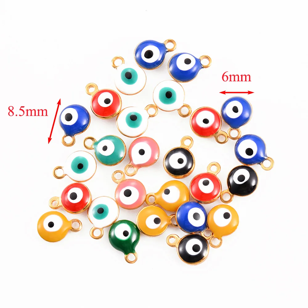Wholesale Stainless Steel Round Evil Eye Enamel Pendant Charms 6mm 8mm DIY Accessories Multi Colors for Bracelet Necklace Making