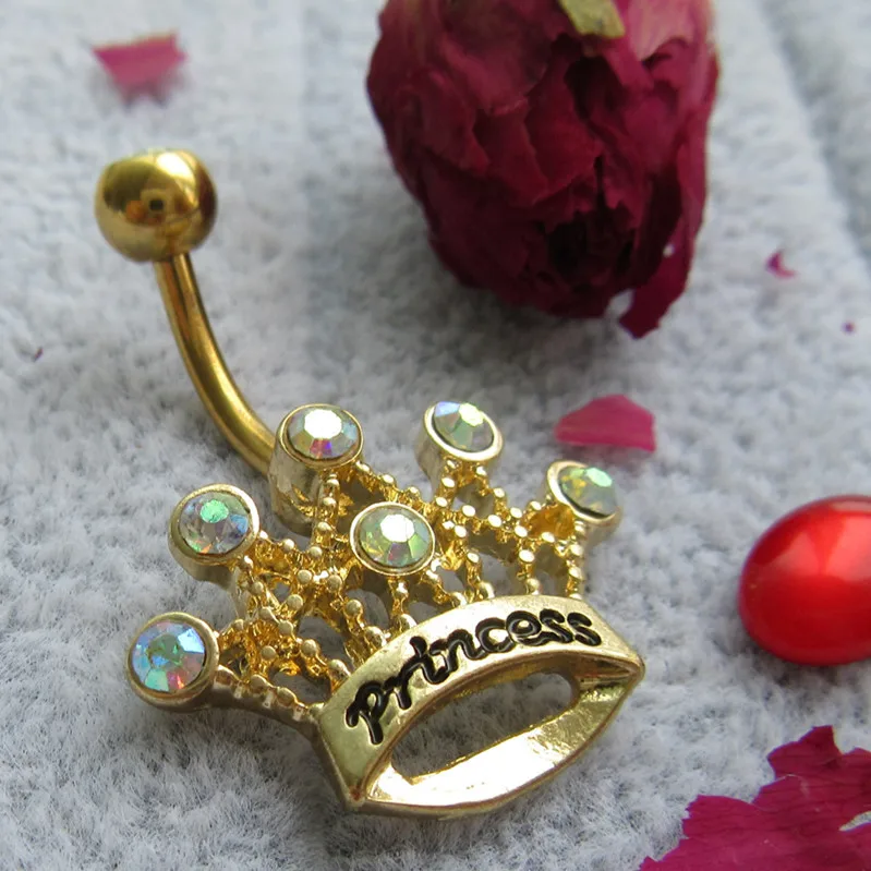  BBR-119 2021 Body Piercing Jewelry Luxury Belly Button Rings Surgical Rose Gold Zircon Crown With Princess