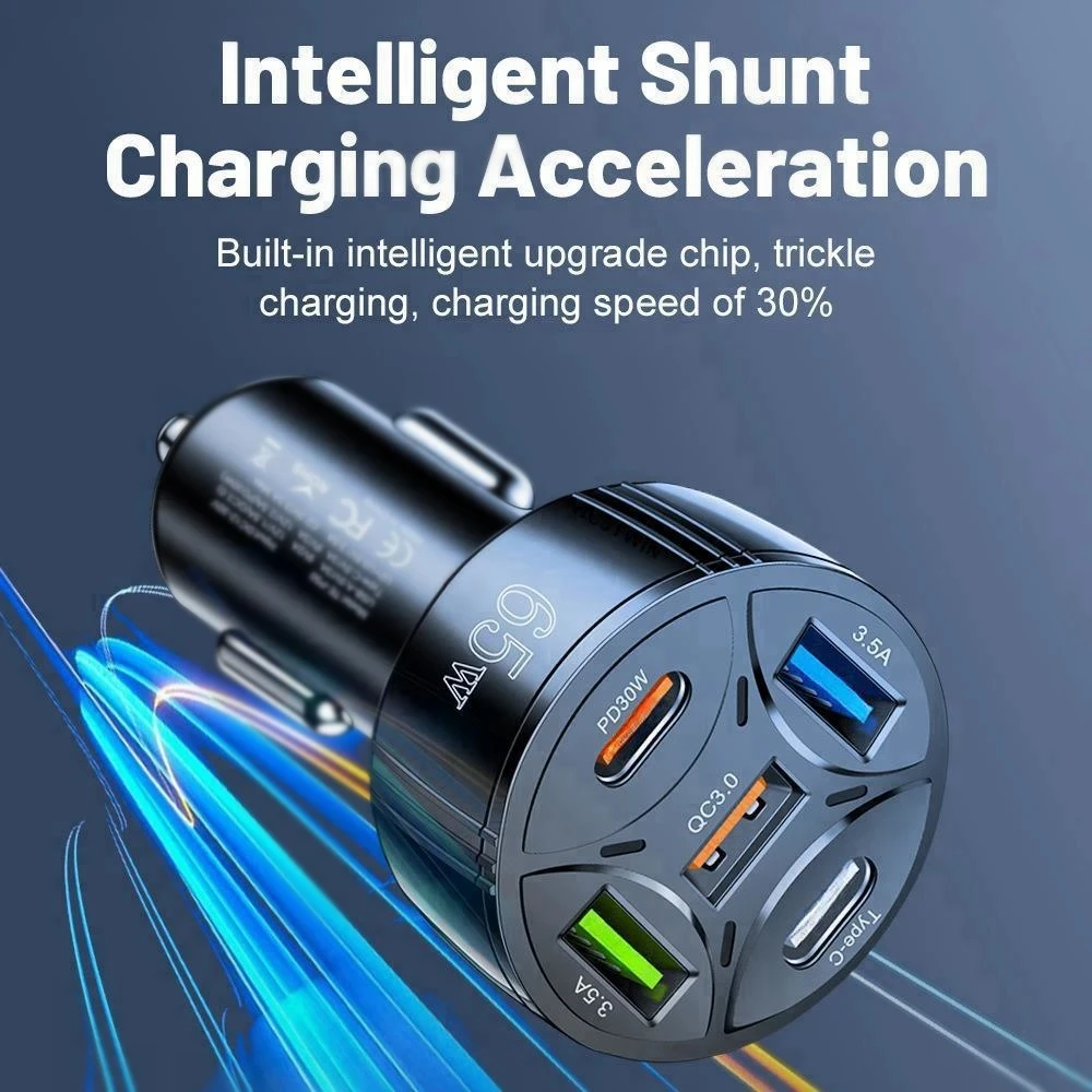 65W USB Car Charger Fast Charging 5 Ports PD Type C Car Phone Charger Adapters For Phone Xiaomi Samsung Quick Charger In Car