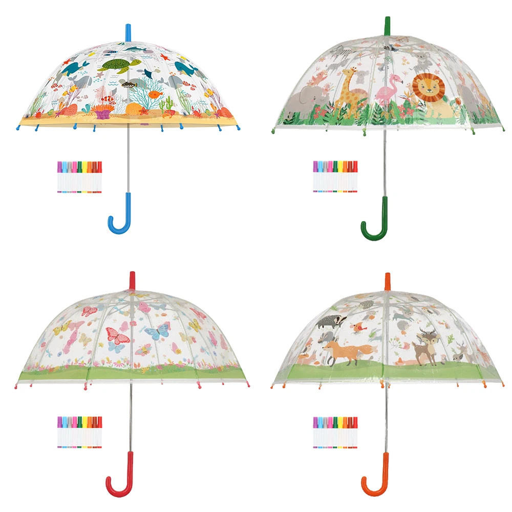 Esschert Design 8K 27.7inch automatically transparent kids drawings Paint it Yourself birds Straight Umbrella