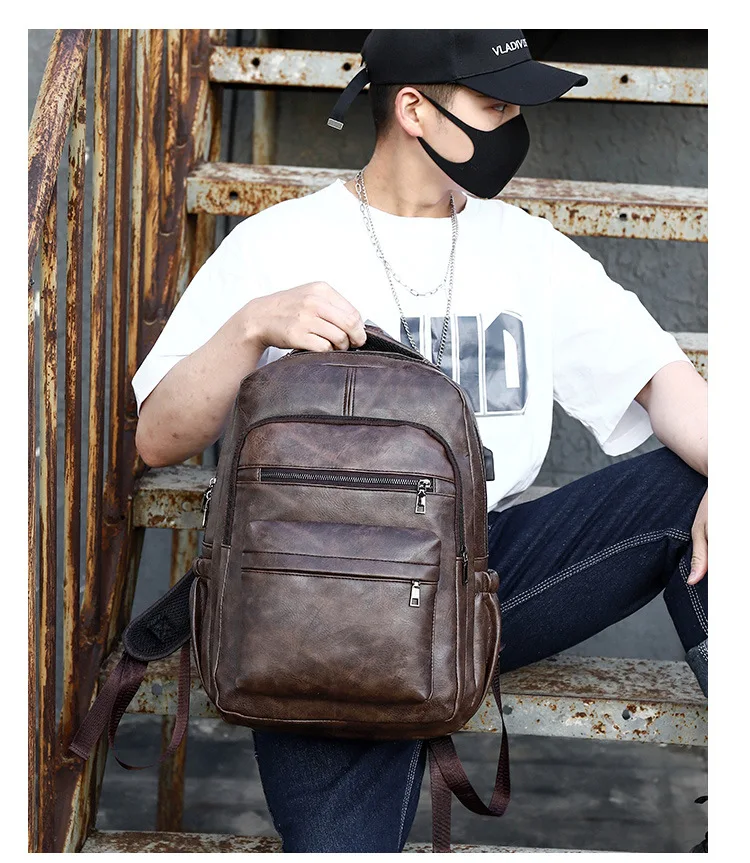 Leather Backpack Black Large Capacity Computer Backpack Airline Approved Business Work Bag Student Fashion Backpack