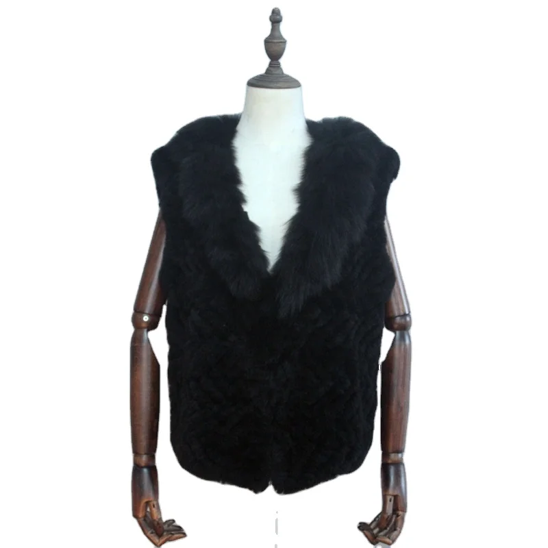 
2020 Autumn Winter Real Rabbit Women Fur Vest Knitted Rabbit Fur V- Vest For Ladies Warm Black 