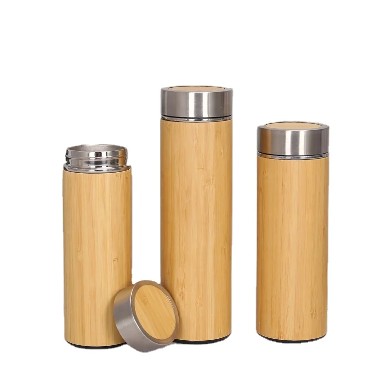 Wholesale 500ML Natural Bamboo Cup Outdoor Portable Water Bottle Double Wall Stainless Steel Bamboo Flask Vacuum Insulated Cup
