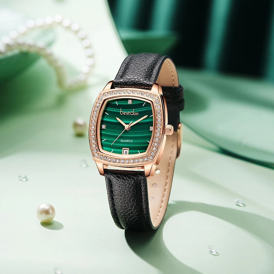 Custom Logo Fashion Ladies Diamond Watch Barrel Shape Green Dial Watch
