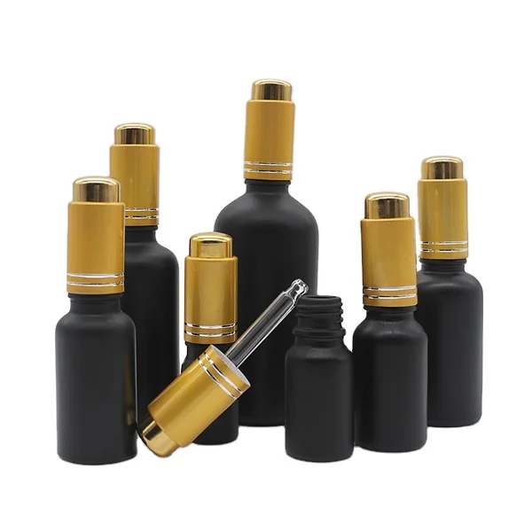 Empty cosmetic oil container 1 oz frosted black glass essential oil dropper bottle with gold pump