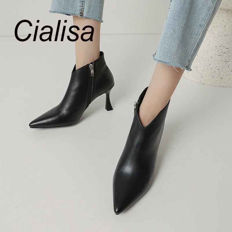 Cialisa Classics Pointed Toe Office Lady Ankle Booties Thin Kitten High Heels Short Boots Genuine Leather Women Shoes