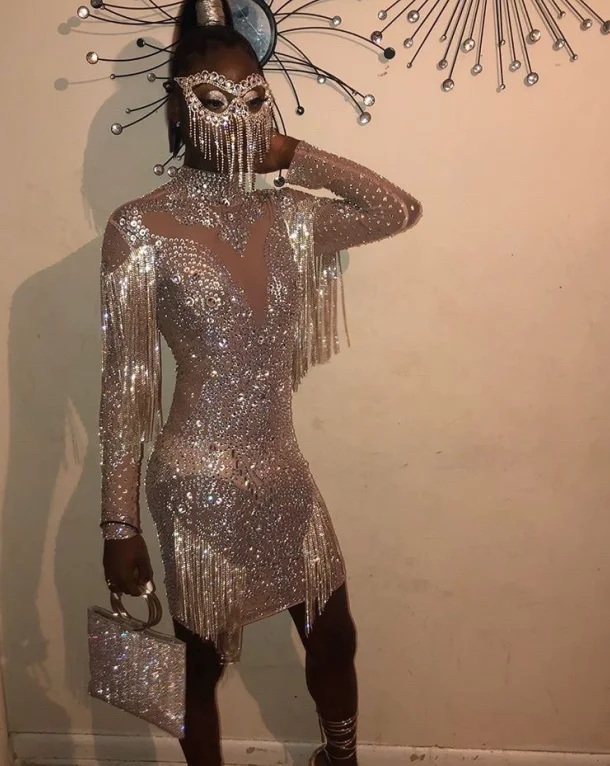 Luxury Performance Roupas Rhinestone Tassel Mesh Sequin See Through Party Birthday Stage Outfits Costume De Danse Dancer Dress