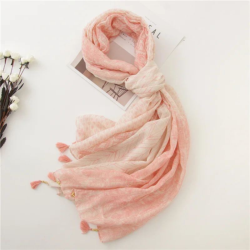 Elegant Autumn Winter Japanese Style Scarf New Feather Printing Wooden Beads Tassel Ethnic Voile Shawl
