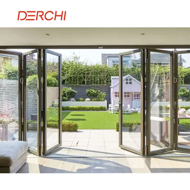 DERCHI NFRC America Hurricane Impact Aluminum Frame Large View Glass Foldable Doors Balcony Accordion Bi-Folding Patio Doors