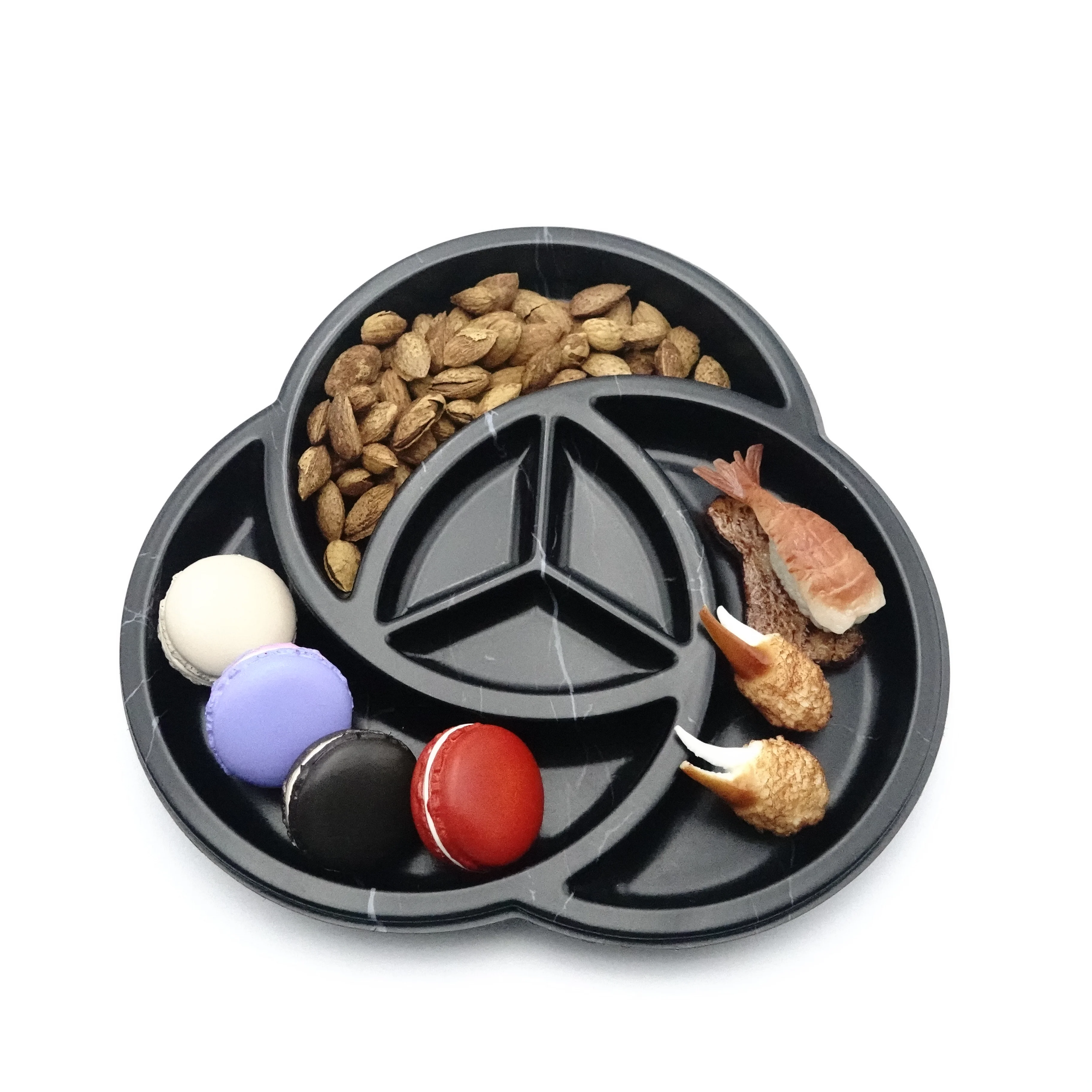 new design petal shape divided compartments microwavable food plate elegant plastic serving tray