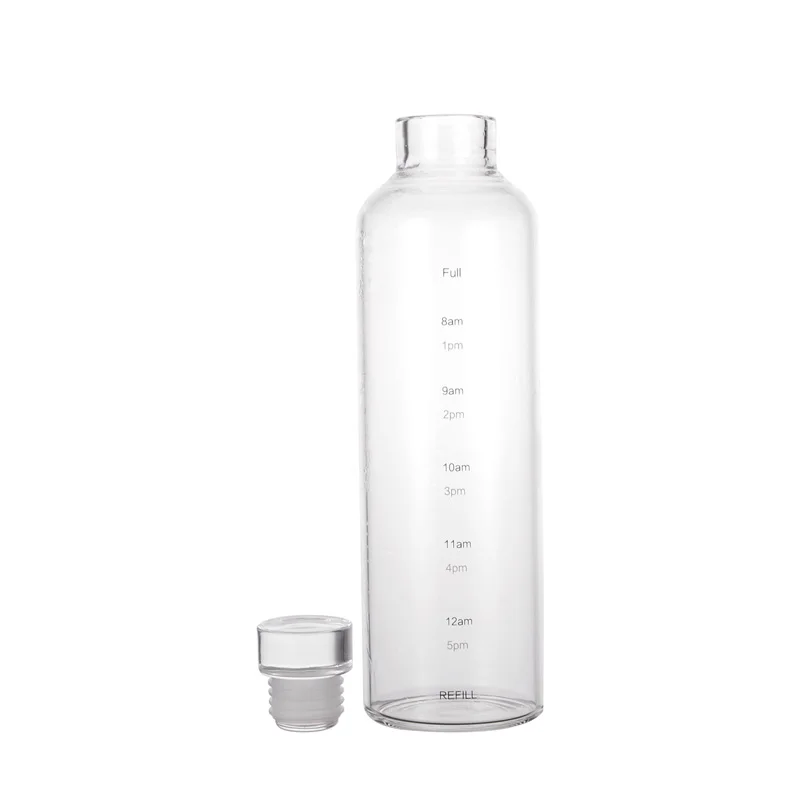 Custom Eco-friendly Glass Sports Water Bottle High Borosilicate Cold Brew Juice Bottle with Time Scale Marker and Crystal Cap