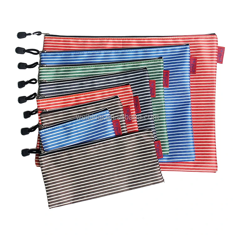 A4 Plastic Zip Wallets Folders Canvas stripe printing Document Bags for File Storage Paper Organization