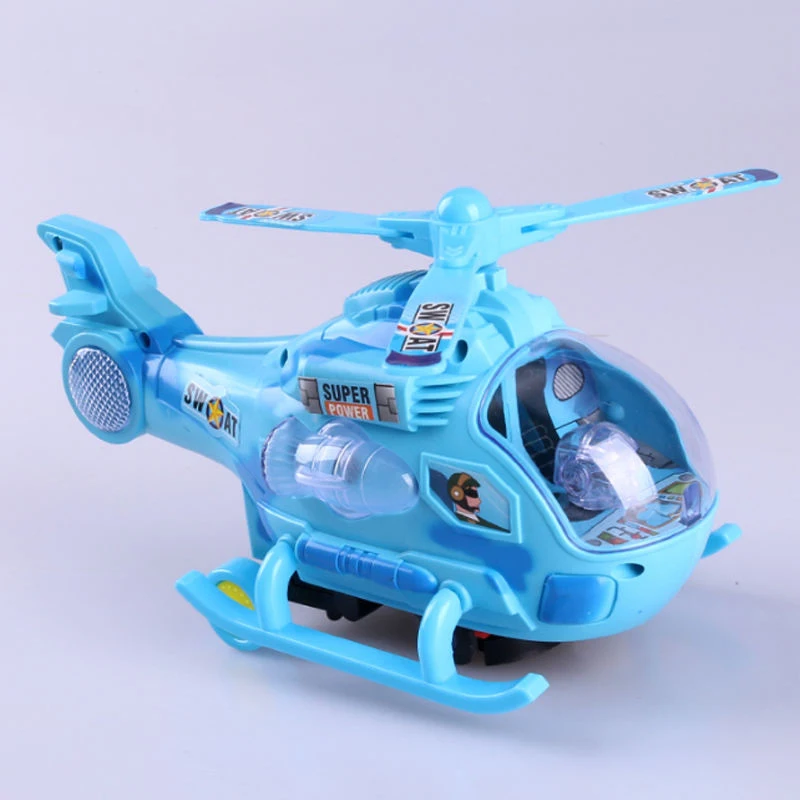 Wholesale battery operated electric rotating propeller plane universal light sound plastic flying small helicopter toy for baby