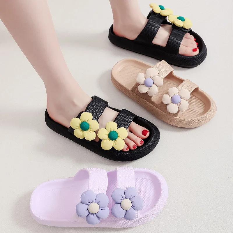 New double row flower slippers wholesale slippers home indoor thick sole soft bath indoor open toe flip-flops