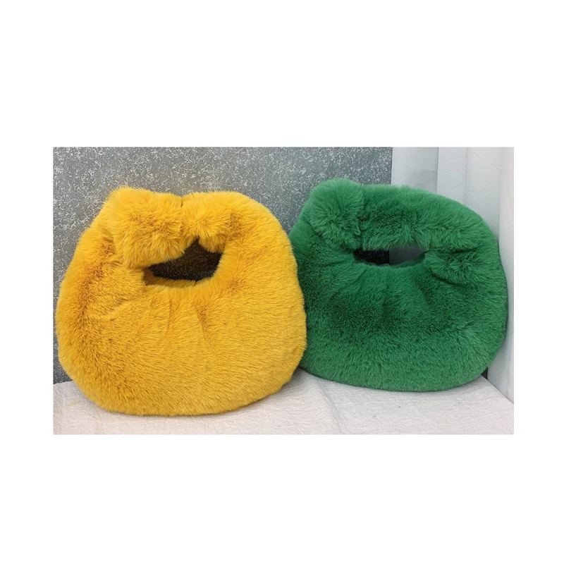 Wholesale stylish Winter faux fur knot bags women soft warm handbags ladies plush mini tote fluffy purse