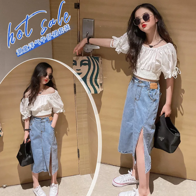 Korean Style Summer Baby Dresses Outfits Shirt And Denim Skirt 2pcs Sweet Teenager Girl Clothing Set