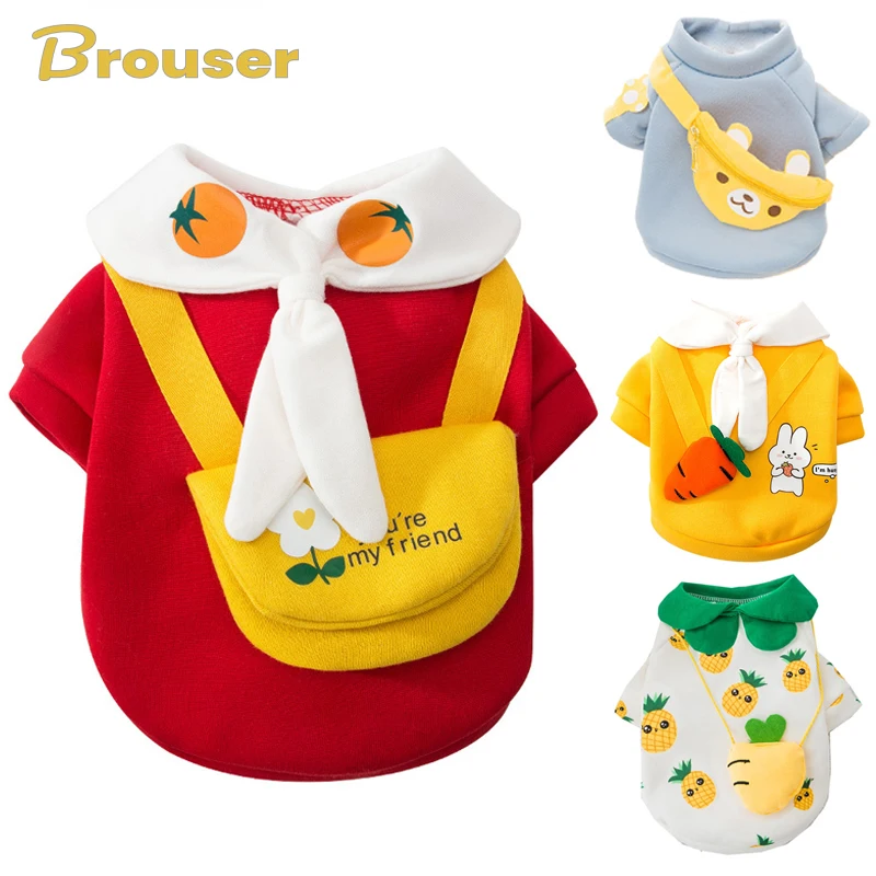 Cartoon Dog Clothes Cute Bow Tie Satchel Pet Clothing for Small Dogs Puppy Cat Costumes Coat Warm Plush Sweater Chihuahua