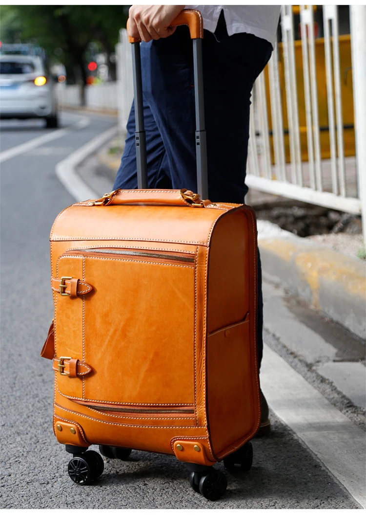New leather retro trolley case 20 inch 360 Degree Wheels travel suitcase vegetable tanned leather hand luggage