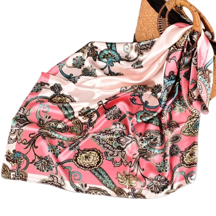 OEM silk scarf for women stylish polyester fabric malaysia hijab bandanas  tudung bawal women printing square scarves