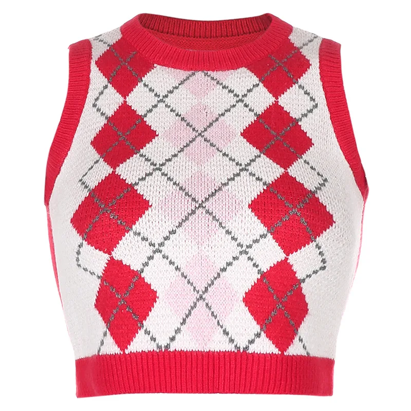 body-hugging exposed-midriff knitting sexy lozenge-shaped plaid knitting folding slim-knit undershirt sleeveless vest for women